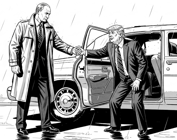 A black and white pulp noir style illustration of Vladimir Putin helping Donald Trump out of a car, with the two men holding hands