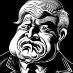 Noir styled black and white image of donald trump's twisted mouth as he defiles the English language