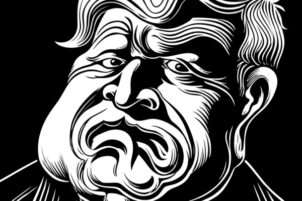 The Corrupting Influence of Trump’s Speech: From Memes to Everyday Language Noir styled black and white image of donald trump's twisted mouth as he defiles the English language