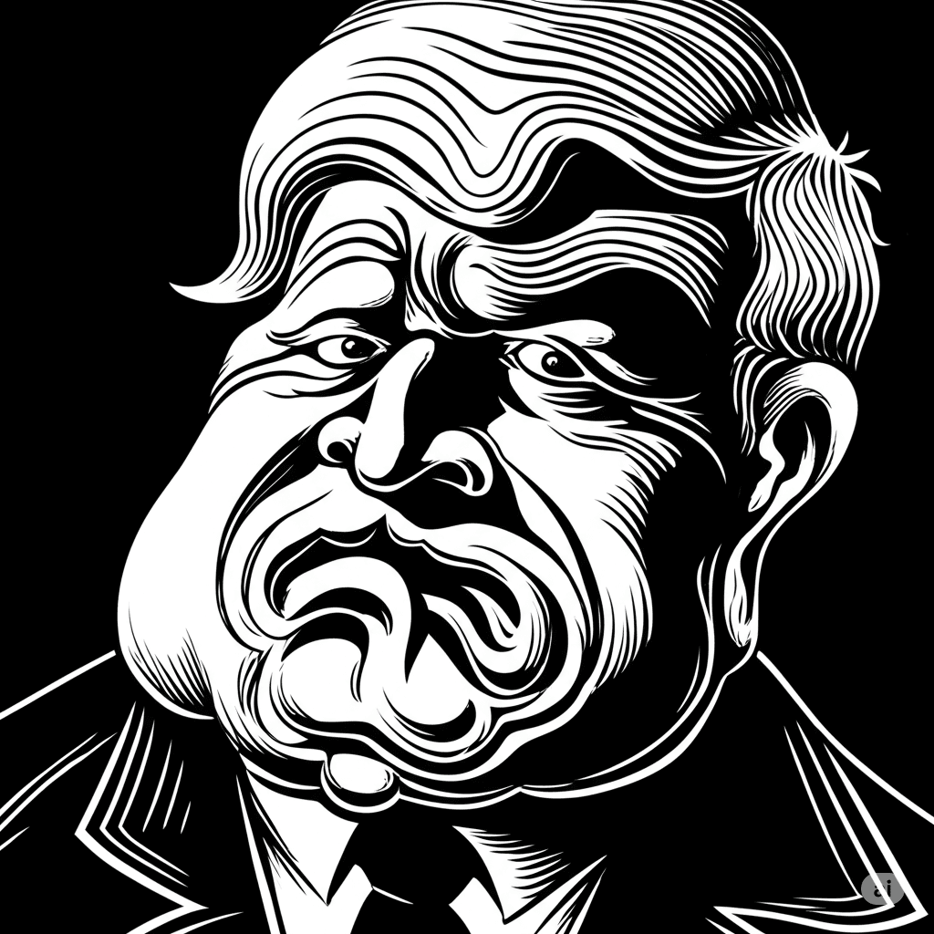 Noir styled black and white image of donald trump's twisted mouth as he defiles the English language