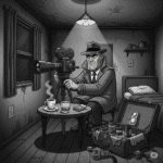 A gritty, grayscale cartoon in a classic film noir style shows a man named Jack Hammer, wearing a trench coat and fedora, meticulously assembling a high-end camera with a telephoto lens on a tripod in a cramped, dimly lit hotel room.
