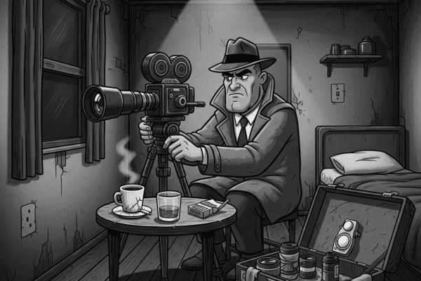 THE HAMMER FILES: War Room Setup A gritty, grayscale cartoon in a classic film noir style shows a man named Jack Hammer, wearing a trench coat and fedora, meticulously assembling a high-end camera with a telephoto lens on a tripod in a cramped, dimly lit hotel room.