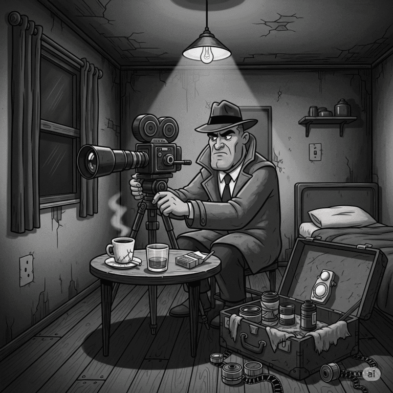 A gritty, grayscale cartoon in a classic film noir style shows a man named Jack Hammer, wearing a trench coat and fedora, meticulously assembling a high-end camera with a telephoto lens on a tripod in a cramped, dimly lit hotel room.
