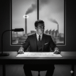 A black and white image of a determined-looking man in a suit, sitting alone in a somber, empty room with a window showing a blurry cityscape. He is looking off-frame as if contemplating a serious choice, reflecting his tragic diagnosis.