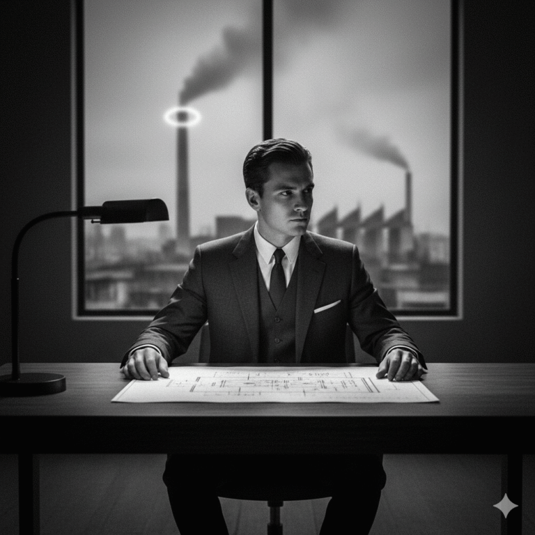 A black and white image of a determined-looking man in a suit, sitting alone in a somber, empty room with a window showing a blurry cityscape. He is looking off-frame as if contemplating a serious choice, reflecting his tragic diagnosis.