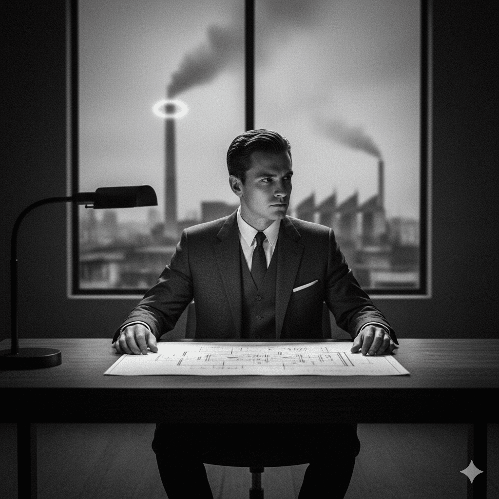A black and white image of a determined-looking man in a suit, sitting alone in a somber, empty room with a window showing a blurry cityscape. He is looking off-frame as if contemplating a serious choice, reflecting his tragic diagnosis.