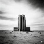 A black and white image of a towering, modern, fortress-like medical facility standing alone in a vast, desolate Mojave Desert landscape under a cloudy, dramatic sky.
