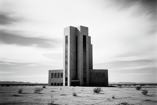 A black and white image of a towering, modern, fortress-like medical facility standing alone in a vast, desolate Mojave Desert landscape under a cloudy, dramatic sky.