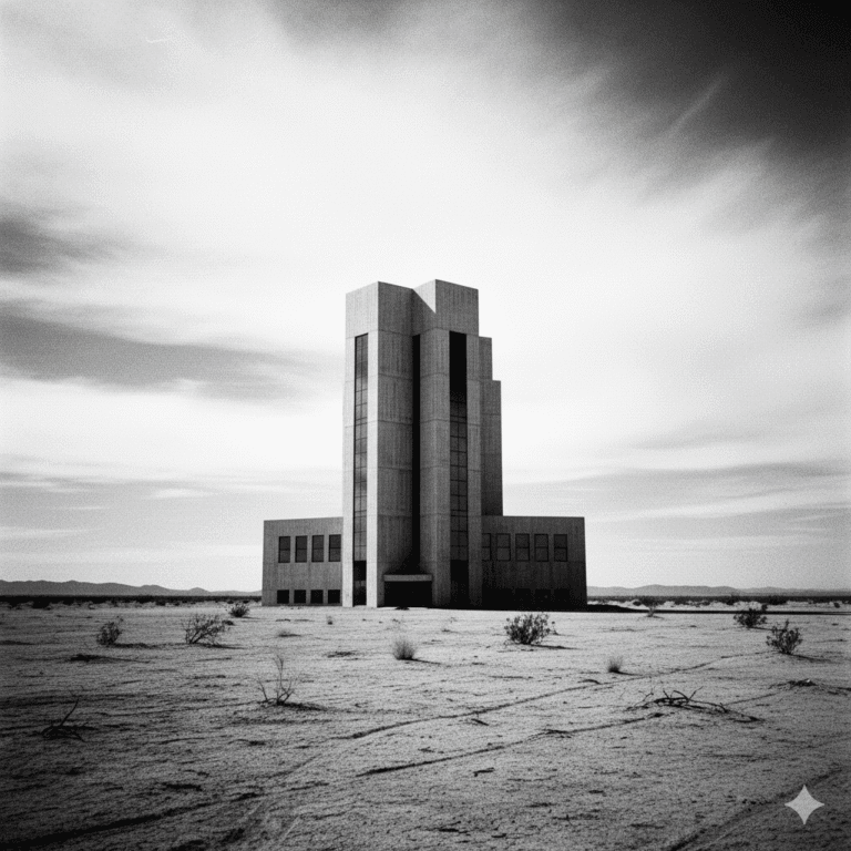 A black and white image of a towering, modern, fortress-like medical facility standing alone in a vast, desolate Mojave Desert landscape under a cloudy, dramatic sky.