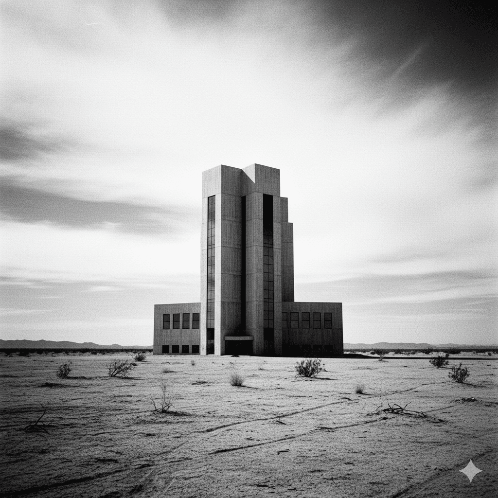 A black and white image of a towering, modern, fortress-like medical facility standing alone in a vast, desolate Mojave Desert landscape under a cloudy, dramatic sky.