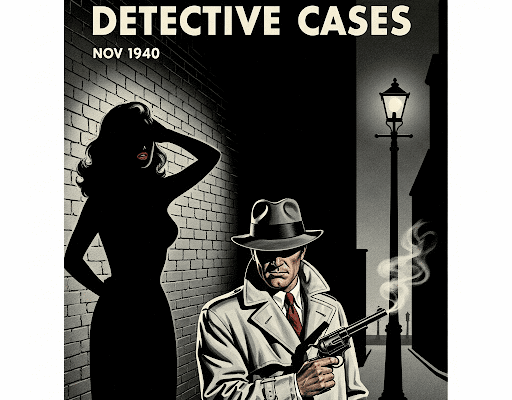 Gritty, high-contrast, black-and-white complete detective cases pulp magazine cover showing a hardboiled detective with a gun, framed by the shadow of a woman.
