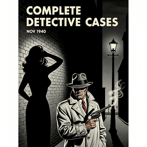 Gritty, high-contrast, black-and-white complete detective cases pulp magazine cover showing a hardboiled detective with a gun, framed by the shadow of a woman.