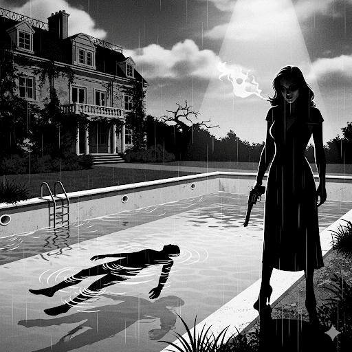 High-contrast, grayscale image reflecting the film Sunset Boulevard, showing the grim consequence of Hollywood ambition and the tragic end of a delusion.