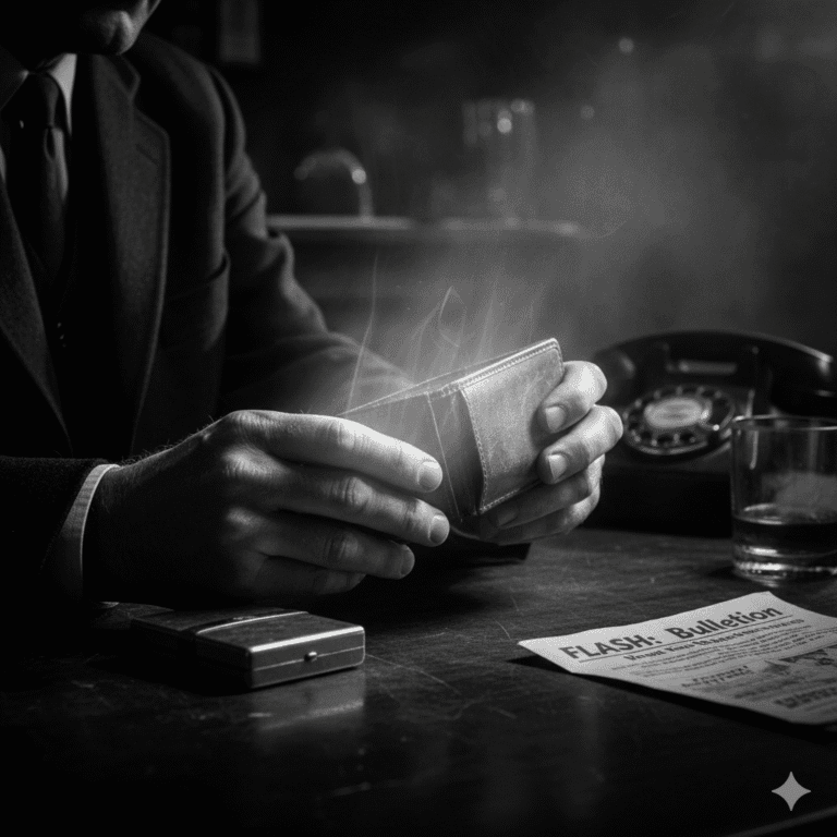 Black and white close-up of a detective's hands holding a glowing wallet on a dark, cluttered desk