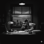 A black and white image of a man, a private detective, sitting alone and defeated at a cluttered desk in a dark office. His hand is resting on an old rotary phone, with city lights visible outside the window, reflecting a moment of quiet struggle.