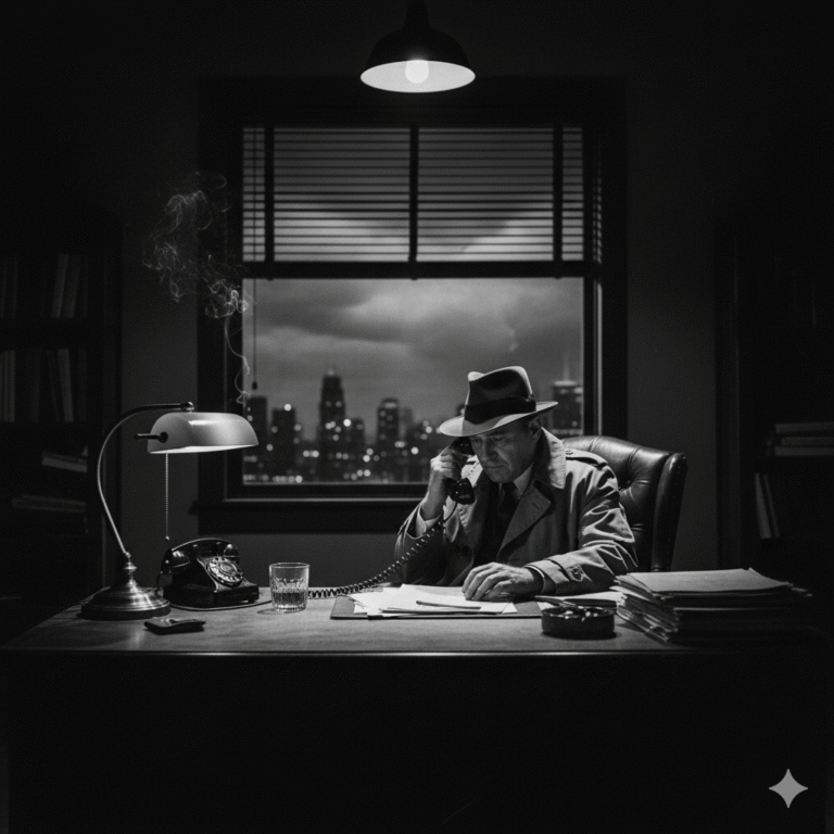 A black and white image of a man, a private detective, sitting alone and defeated at a cluttered desk in a dark office. His hand is resting on an old rotary phone, with city lights visible outside the window, reflecting a moment of quiet struggle.