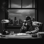 A black and white image of a man, a private detective, sitting alone and defeated at a cluttered desk in a dark office. His hand is resting on an old rotary phone, with city lights visible outside the window, reflecting a moment of quiet struggle.