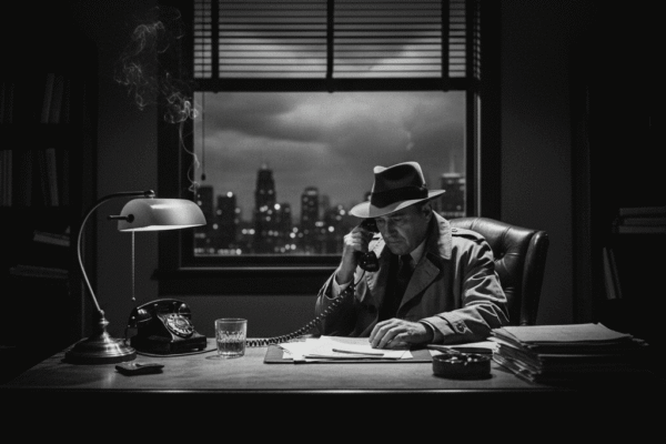 A black and white image of a man, a private detective, sitting alone and defeated at a cluttered desk in a dark office. His hand is resting on an old rotary phone, with city lights visible outside the window, reflecting a moment of quiet struggle.