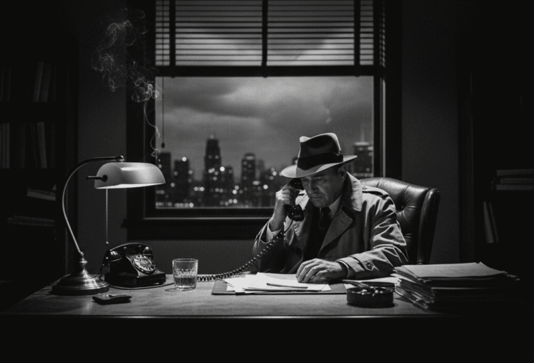 A black and white image of a man, a private detective, sitting alone and defeated at a cluttered desk in a dark office. His hand is resting on an old rotary phone, with city lights visible outside the window, reflecting a moment of quiet struggle.