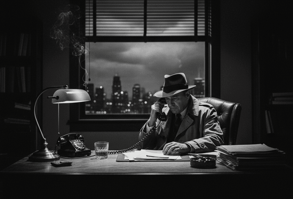 A black and white image of a man, a private detective, sitting alone and defeated at a cluttered desk in a dark office. His hand is resting on an old rotary phone, with city lights visible outside the window, reflecting a moment of quiet struggle.