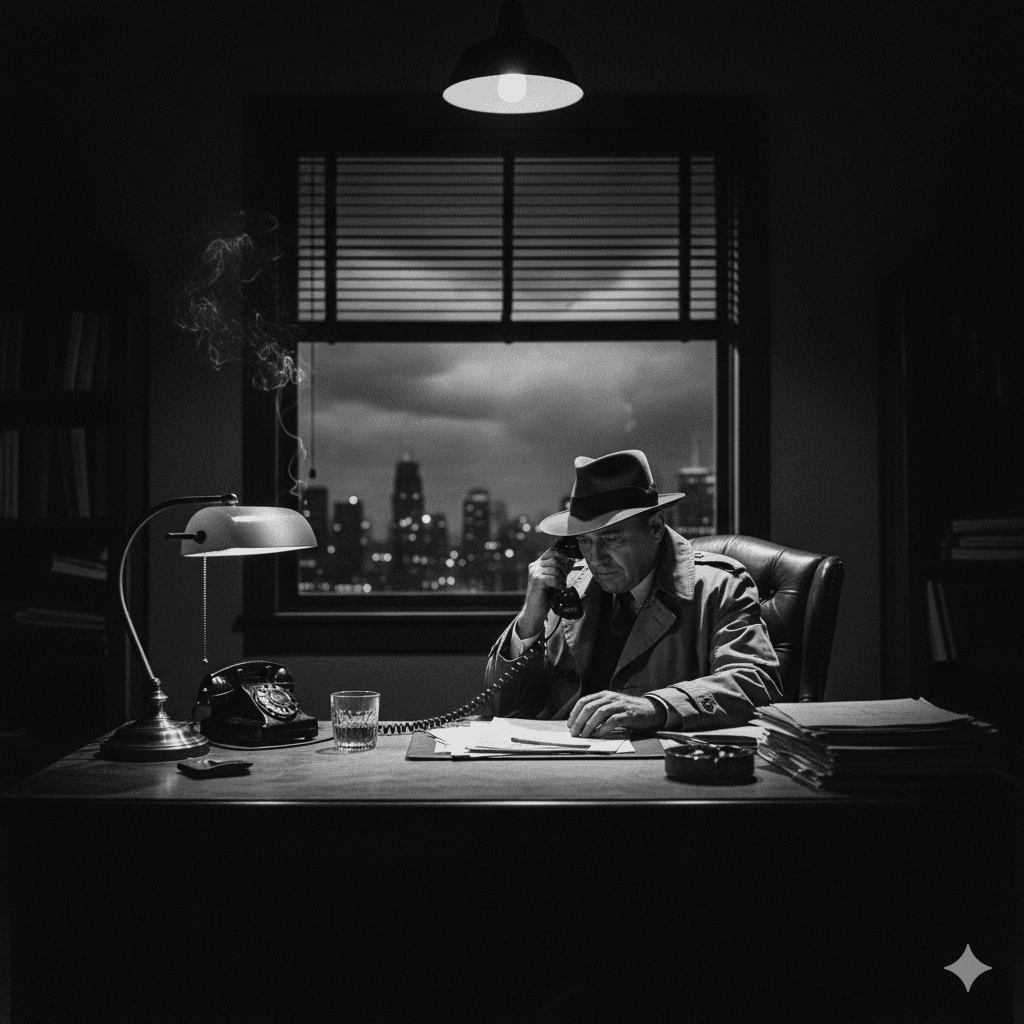 A black and white image of a man, a private detective, sitting alone and defeated at a cluttered desk in a dark office. His hand is resting on an old rotary phone, with city lights visible outside the window, reflecting a moment of quiet struggle.