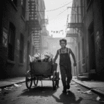 A young boy, possibly Amos, pushes a rickety wagon piled high with glass bottles down a dusty, sun-drenched alley in a black and white image.