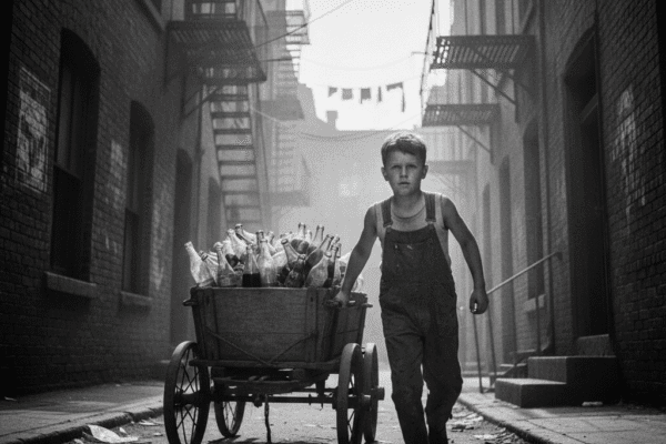 A young boy, possibly Amos, pushes a rickety wagon piled high with glass bottles down a dusty, sun-drenched alley in a black and white image.