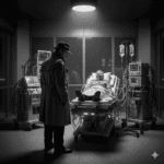 A black and white image of a private detective standing over a man lying unconscious on a high-tech medical bed in a sterile, silent laboratory, with machines surrounding the bed.