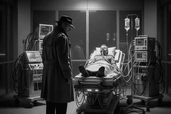 A black and white image of a private detective standing over a man lying unconscious on a high-tech medical bed in a sterile, silent laboratory, with machines surrounding the bed.