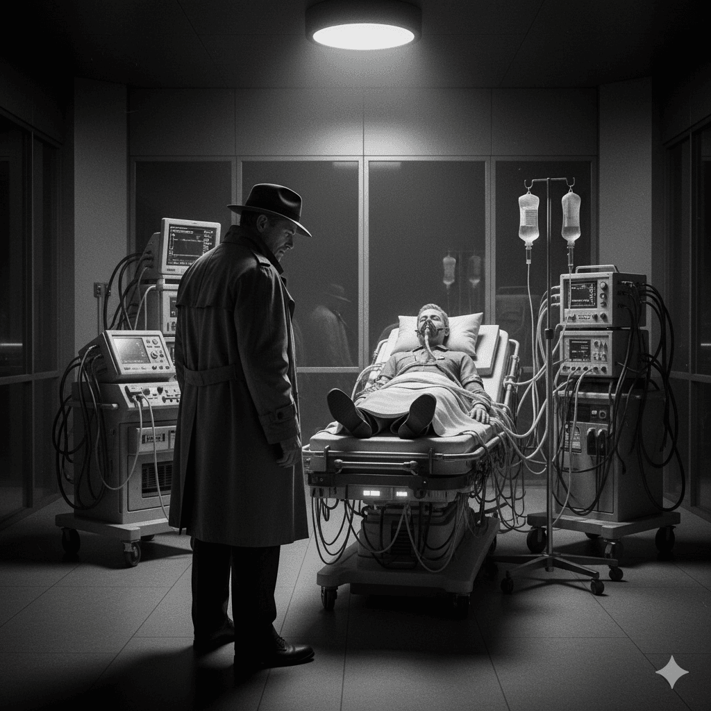 A black and white image of a private detective standing over a man lying unconscious on a high-tech medical bed in a sterile, silent laboratory, with machines surrounding the bed.