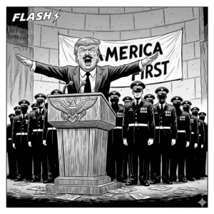 Black and white cartoon caricature of the Tin-Pot Dictator yelling from a podium in front of silent Military Brass