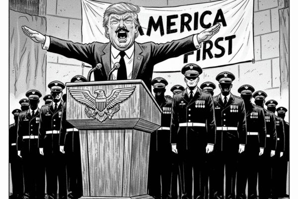 Black and white cartoon caricature of the Tin-Pot Dictator yelling from a podium in front of silent Military Brass