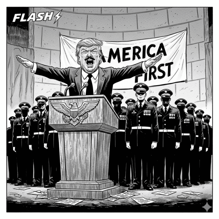 Black and white cartoon caricature of the Tin-Pot Dictator yelling from a podium in front of silent Military Brass