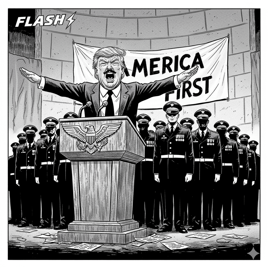 Black and white cartoon caricature of the Tin-Pot Dictator yelling from a podium in front of silent Military Brass