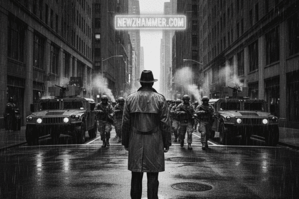 Black and white pulp art: Jack Hammer in a city street facing deployed federal troops and vehicles amidst the Trump-Comey scandal.