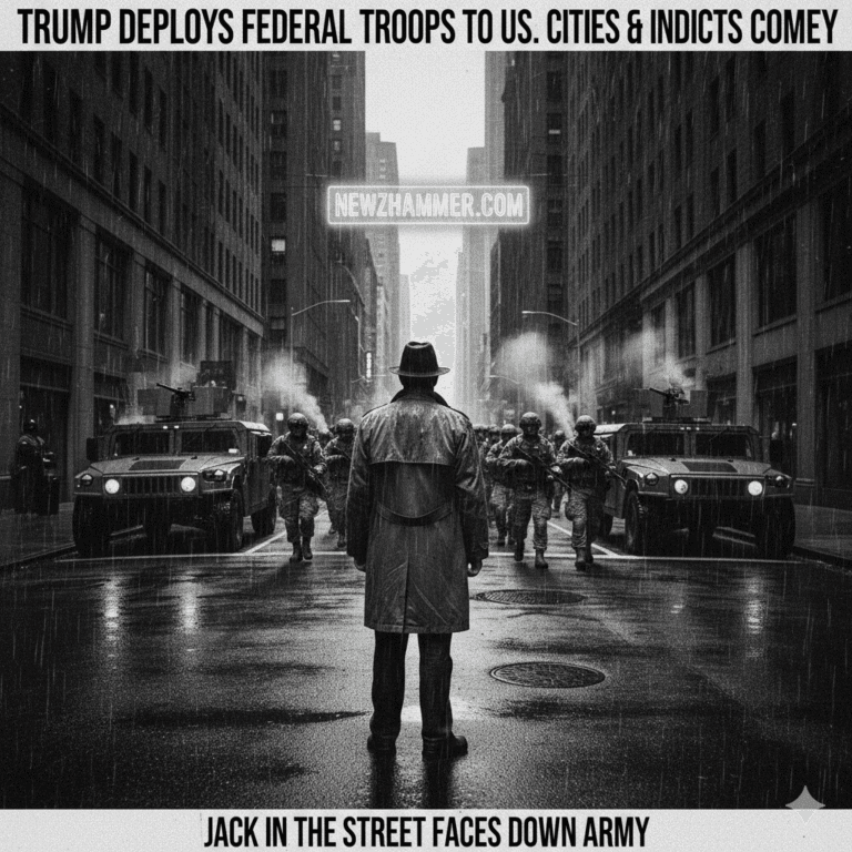 Black and white pulp art: Jack Hammer in a city street facing deployed federal troops and vehicles amidst the Trump-Comey scandal.