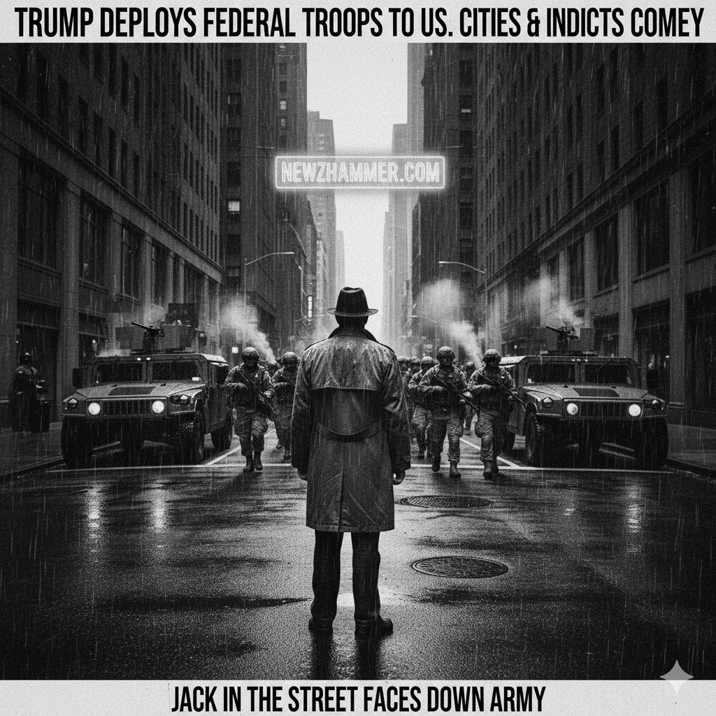 Black and white pulp art: Jack Hammer in a city street facing deployed federal troops and vehicles amidst the Trump-Comey scandal.