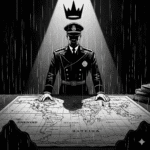 Noir style illustration in black and white showing a dictator-like figure in a military uniform, hands on a world map, with a crown representing ultimate power hovering above, reflecting the article's theme of a 'Department of War'.
