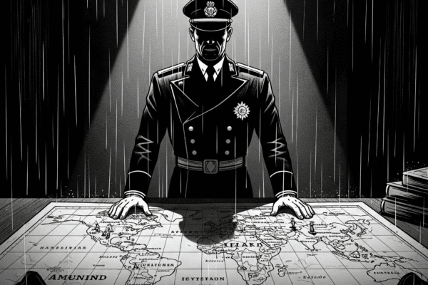 The Trump Department of War Executive Order Exposed: A Jack Hammer Special Report Noir style illustration in black and white showing a dictator-like figure in a military uniform, hands on a world map, with a crown representing ultimate power hovering above, reflecting the article's theme of a 'Department of War'.