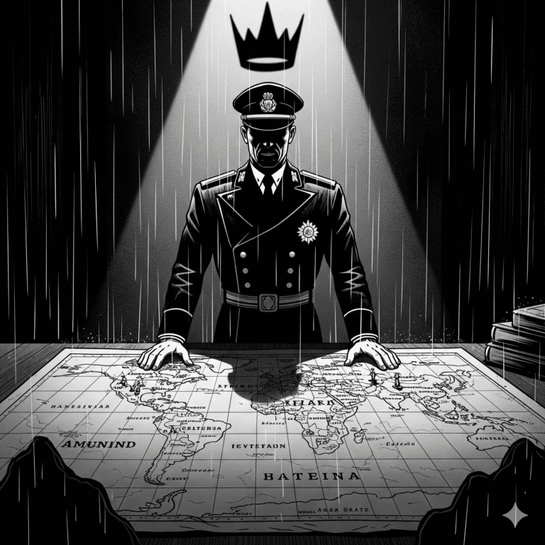 Noir style illustration in black and white showing a dictator-like figure in a military uniform, hands on a world map, with a crown representing ultimate power hovering above, reflecting the article's theme of a 'Department of War'.