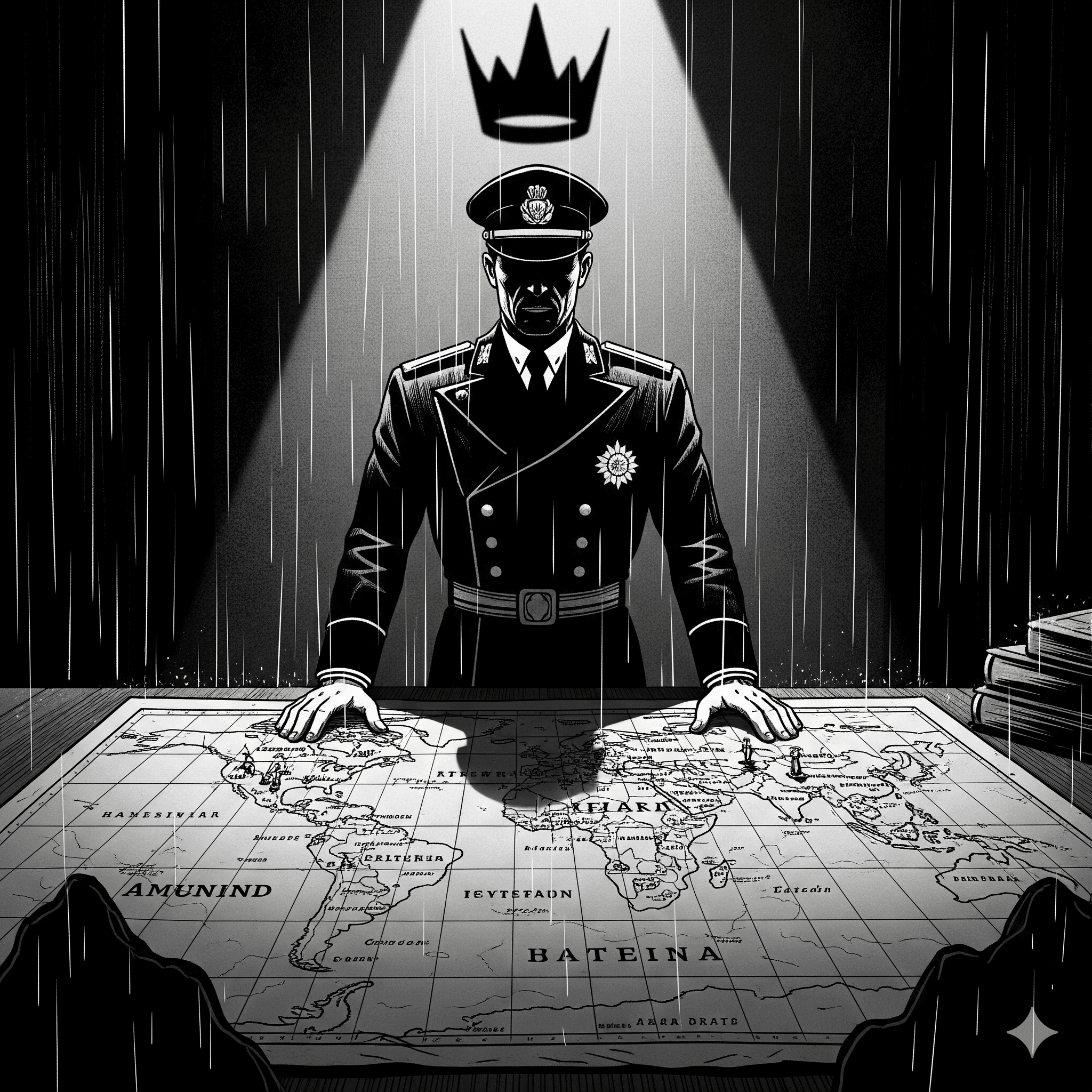 Noir style illustration in black and white showing a dictator-like figure in a military uniform, hands on a world map, with a crown representing ultimate power hovering above, reflecting the article's theme of a 'Department of War'.