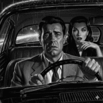 High-contrast black and white pulp noir illustration of a man and a woman in a car, with the man looking worried and the woman looking menacingly at him, reflecting the film Detour.