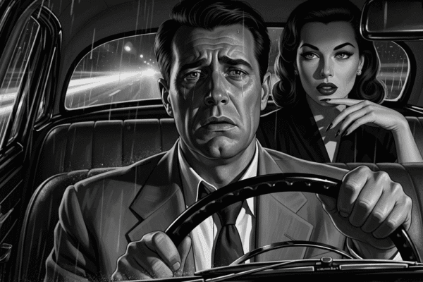 DETOUR (1945): The Long Road to Hell High-contrast black and white pulp noir illustration of a man and a woman in a car, with the man looking worried and the woman looking menacingly at him, reflecting the film Detour.