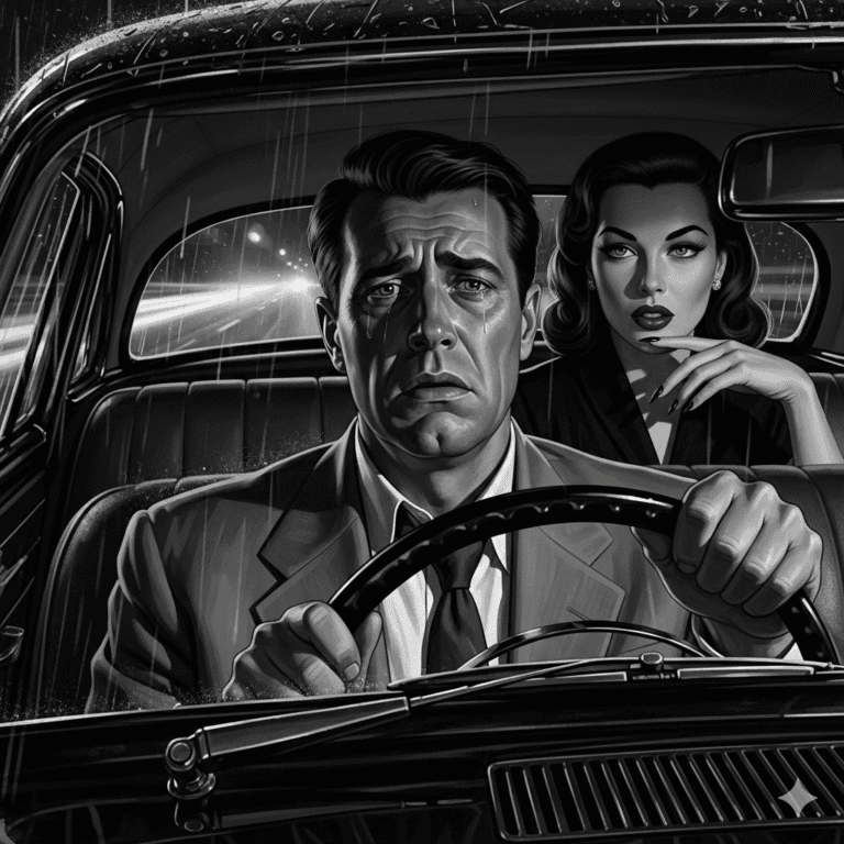 High-contrast black and white pulp noir illustration of a man and a woman in a car, with the man looking worried and the woman looking menacingly at him, reflecting the film Detour.