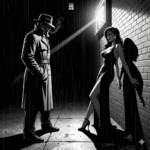 A black and white pulp-noir style illustration showing a detective and a femme fatale in a dark, tense alleyway, reflecting the atmosphere of the 1944 film 'Double Indemnity'.