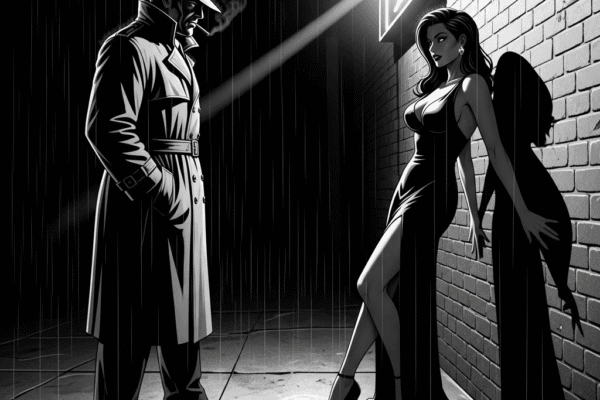 A black and white pulp-noir style illustration showing a detective and a femme fatale in a dark, tense alleyway, reflecting the atmosphere of the 1944 film 'Double Indemnity'.