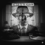 Black and white double exposure of Jack Hammer's distressed face reflected in a broken, analog clock.