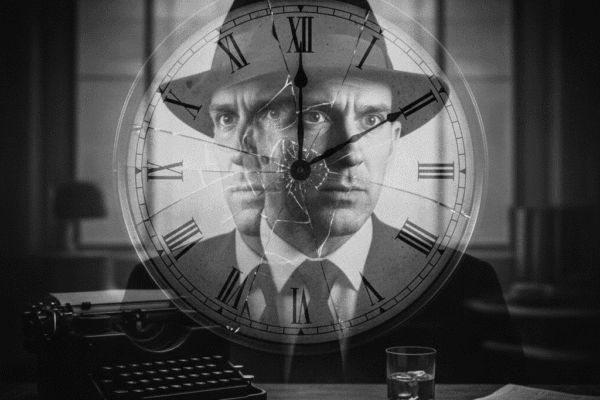 Black and white double exposure of Jack Hammer's distressed face reflected in a broken, analog clock.