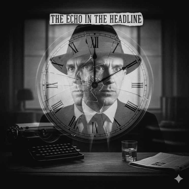 Black and white double exposure of Jack Hammer's distressed face reflected in a broken, analog clock.