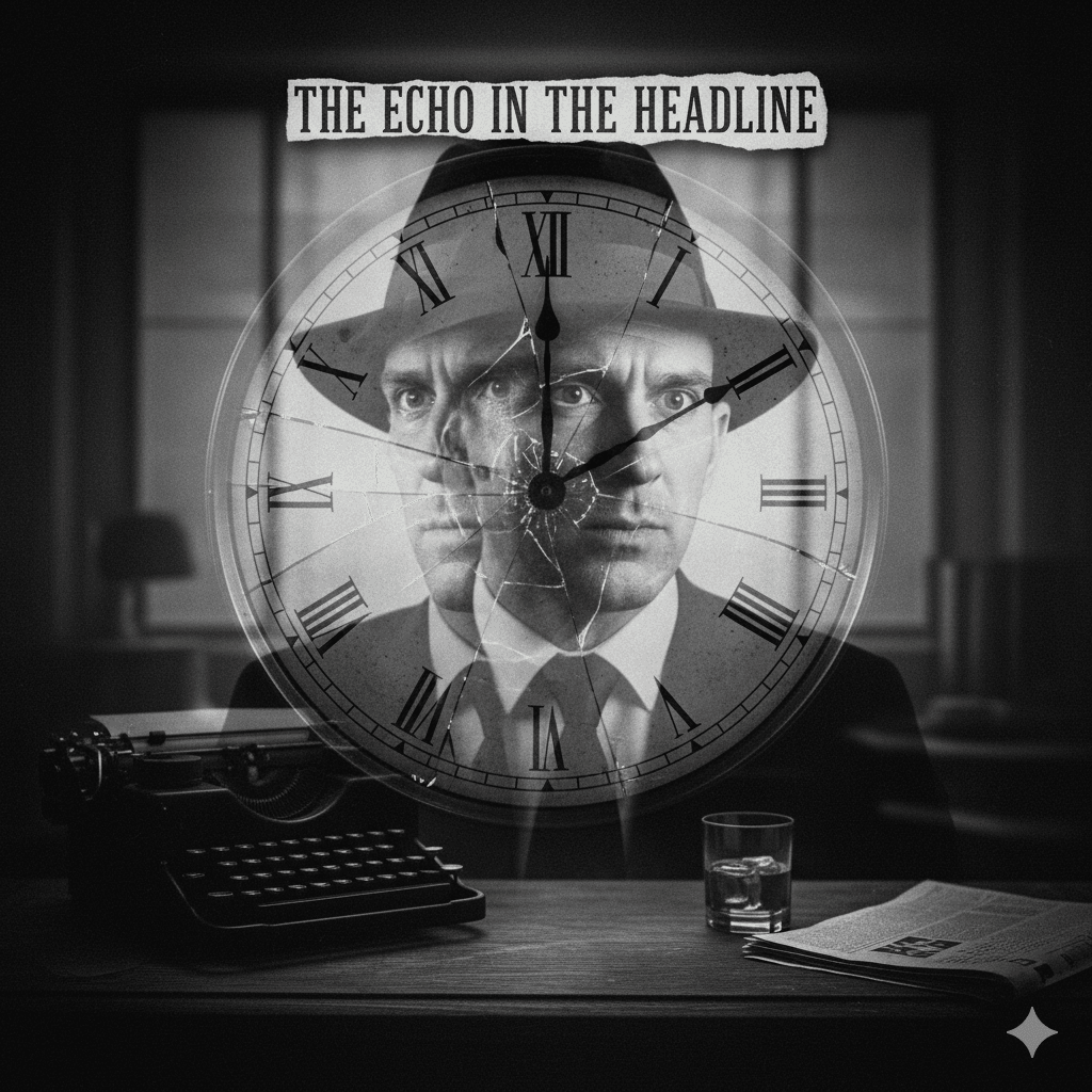 Black and white double exposure of Jack Hammer's distressed face reflected in a broken, analog clock.